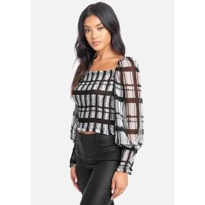 Bebe Black and White Plaid Sheer Sleeve Top